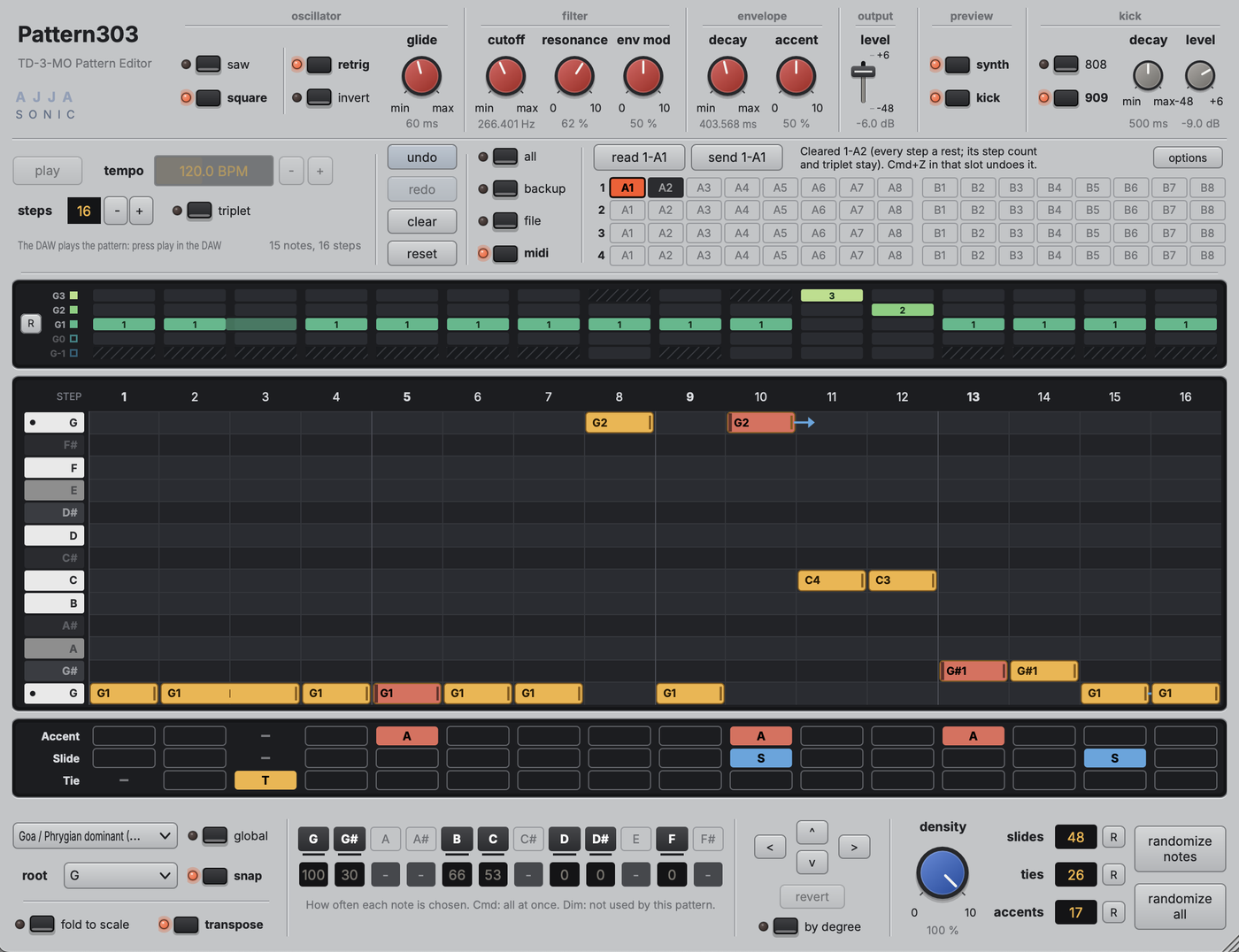 Pattern303 interface showing the pattern editor grid with note, accent and slide controls