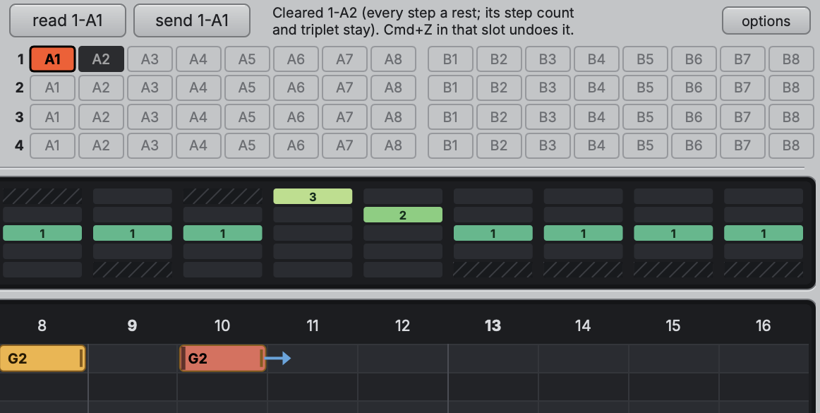 Pattern303 librarian: read and send patterns, and the A/B pattern banks of the TD-3-MO, above the pattern editor